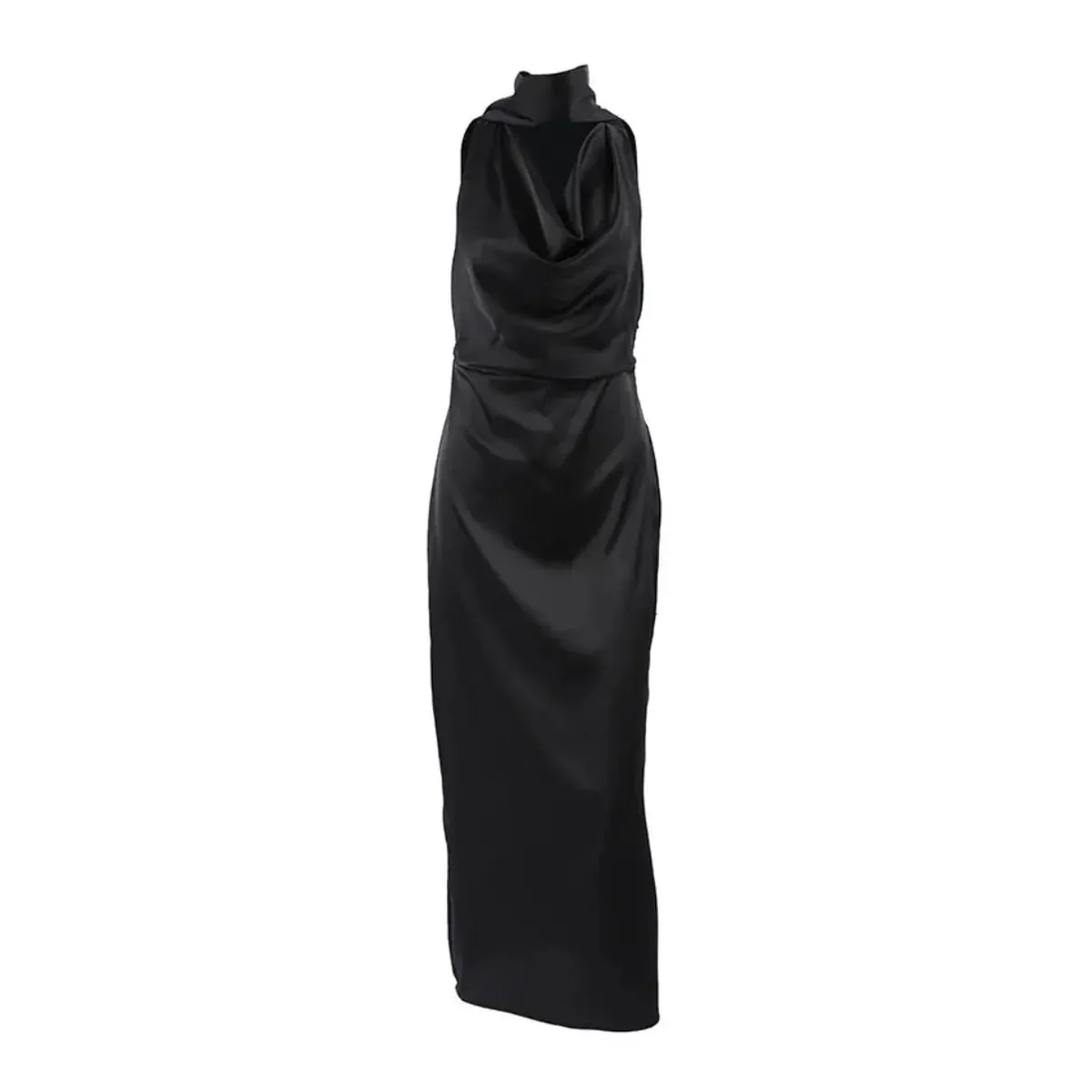 Black Satin Halter Wedding Guests Maxi Dress - Image 8