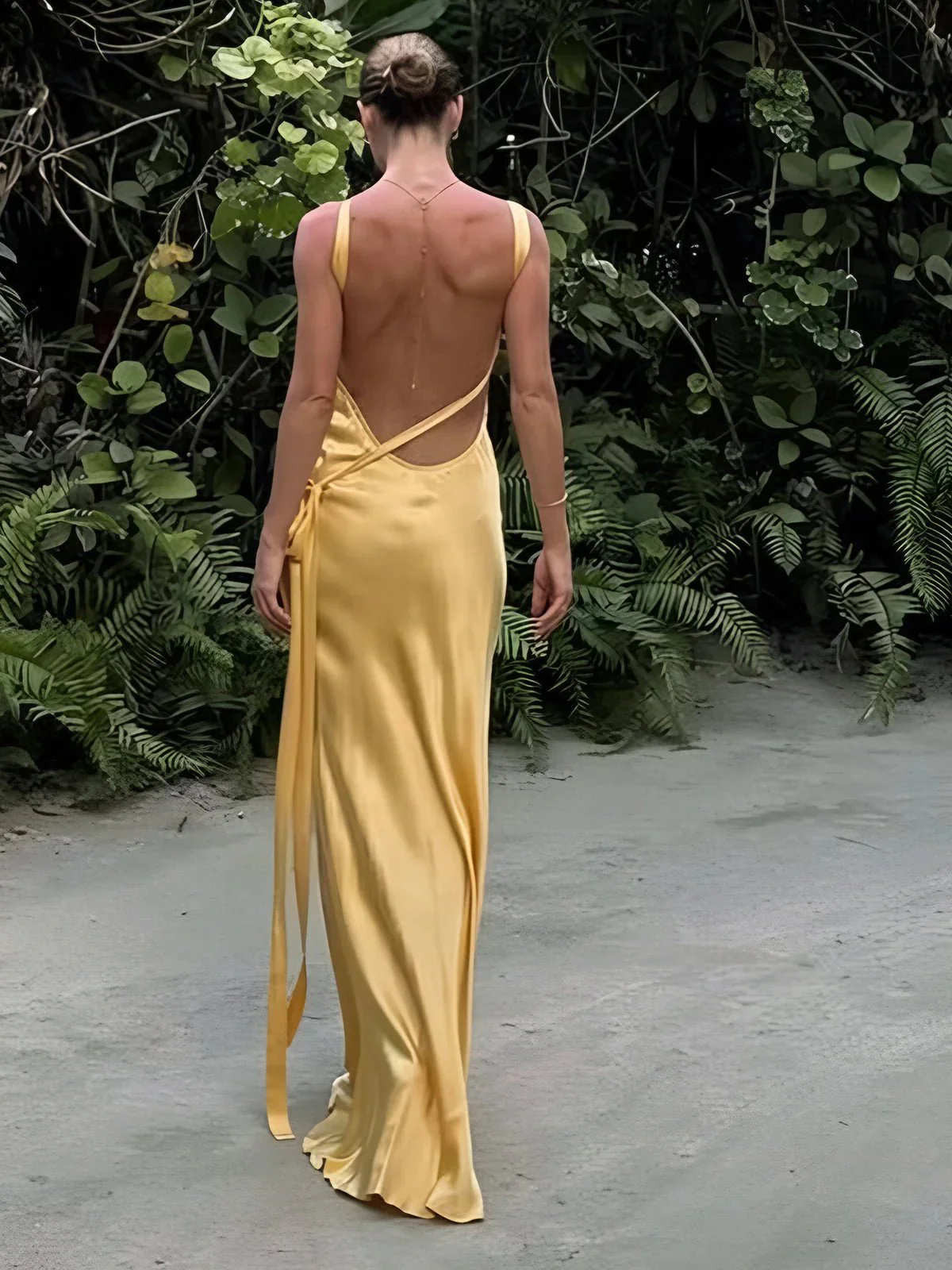 Semi-Sheer Yellow Satin Wedding Maxi Dress - Image 3