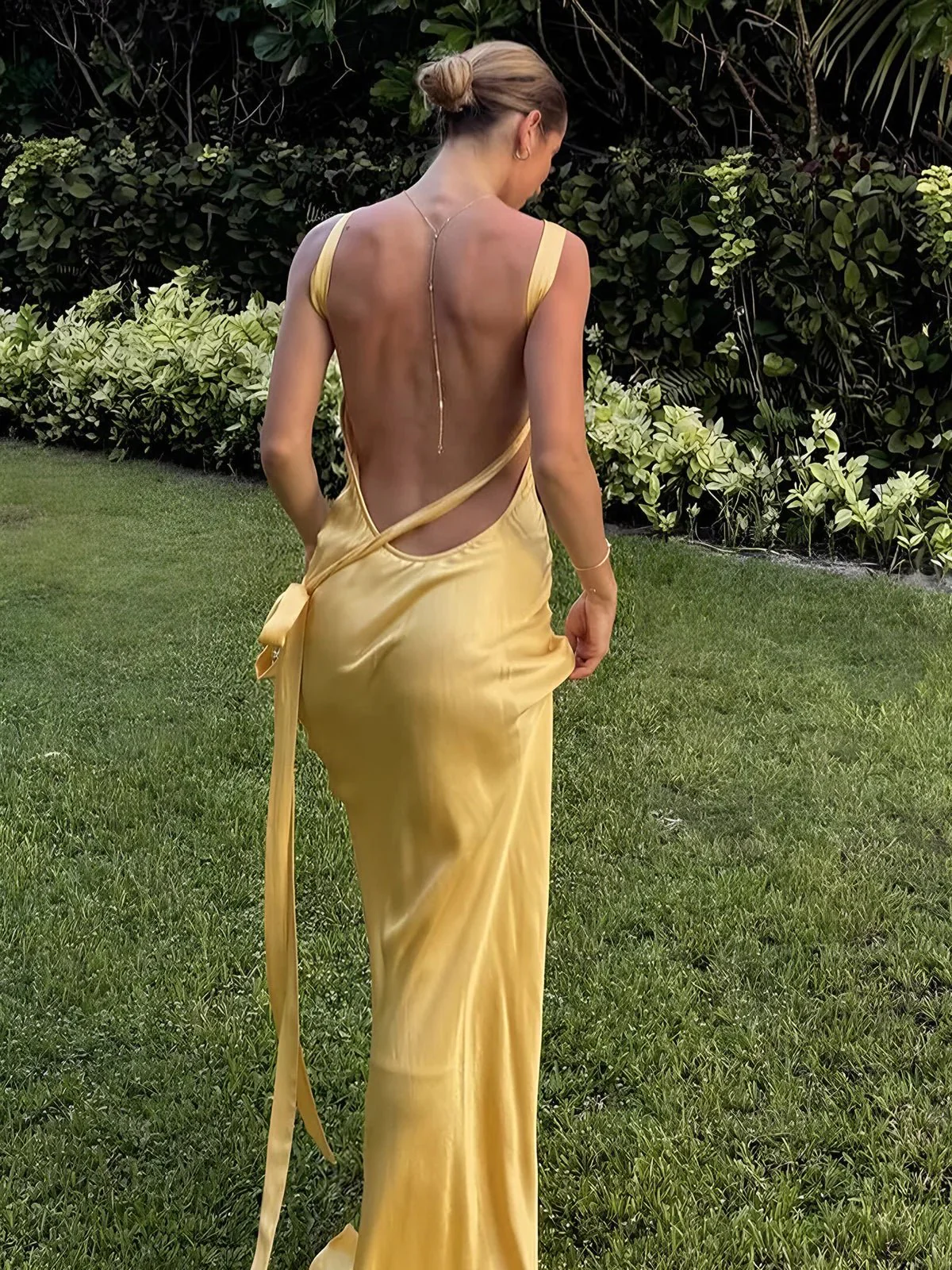 Semi-Sheer Yellow Satin Wedding Maxi Dress - Image 4