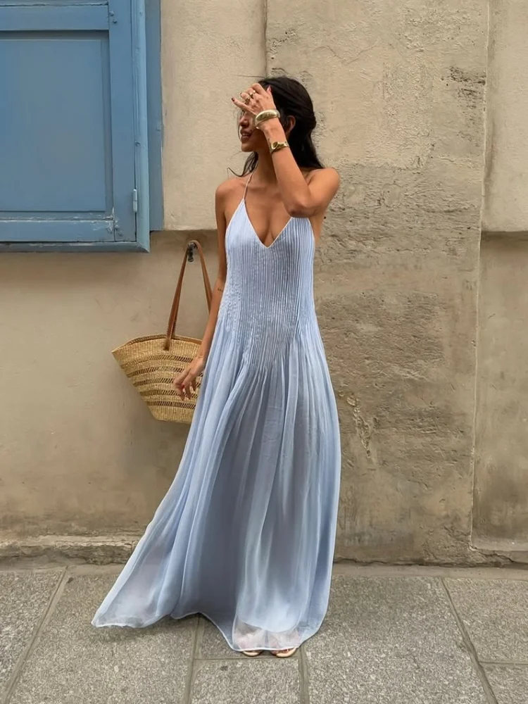 Pleated Spaghetti Strap Maxi Dress with Flowing Silhouette - Image 2