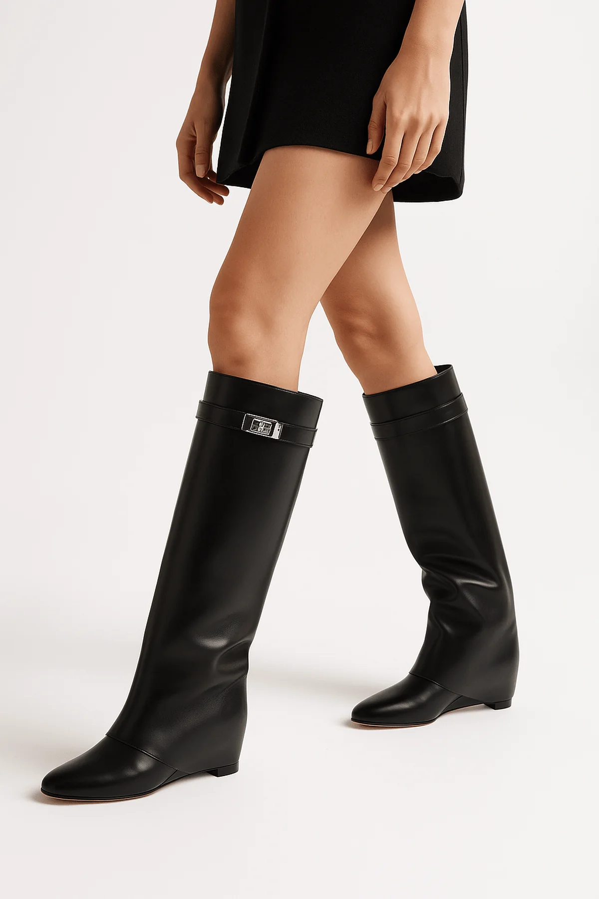 Women's Shark Lock Knee-High Faux Leather Boots - Image 4