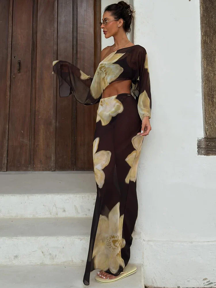 Printed One Shoulder Two Piece Set with Flowy Sleeve Detail