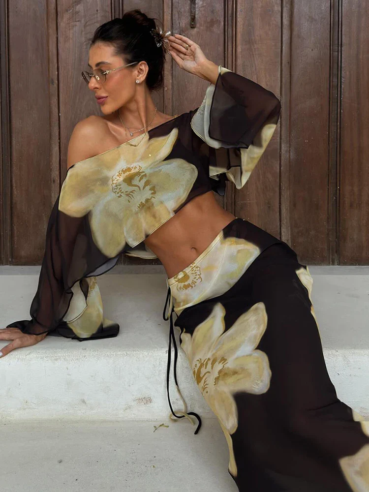 Printed One Shoulder Two Piece Set with Flowy Sleeve Detail - Image 2
