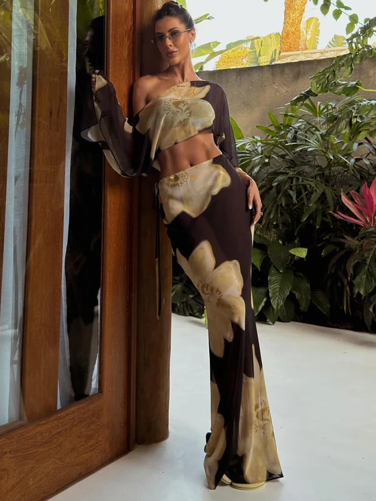 Printed One Shoulder Two Piece Set with Flowy Sleeve Detail - Image 4
