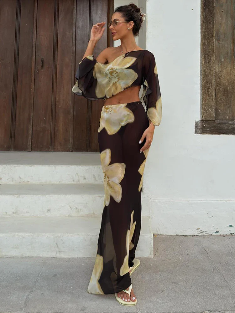 Printed One Shoulder Two Piece Set with Flowy Sleeve Detail - Image 5