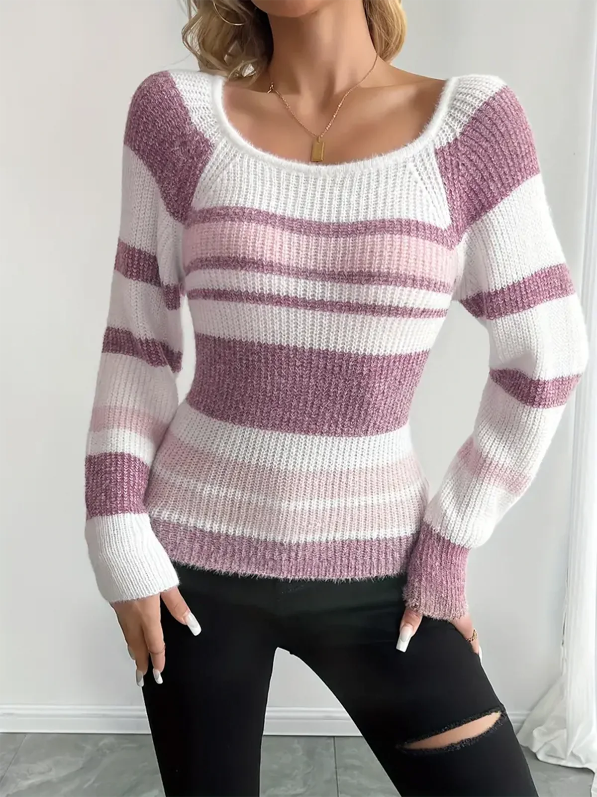 Striped Ribbed Knit Slim Fit Sweater - Image 3