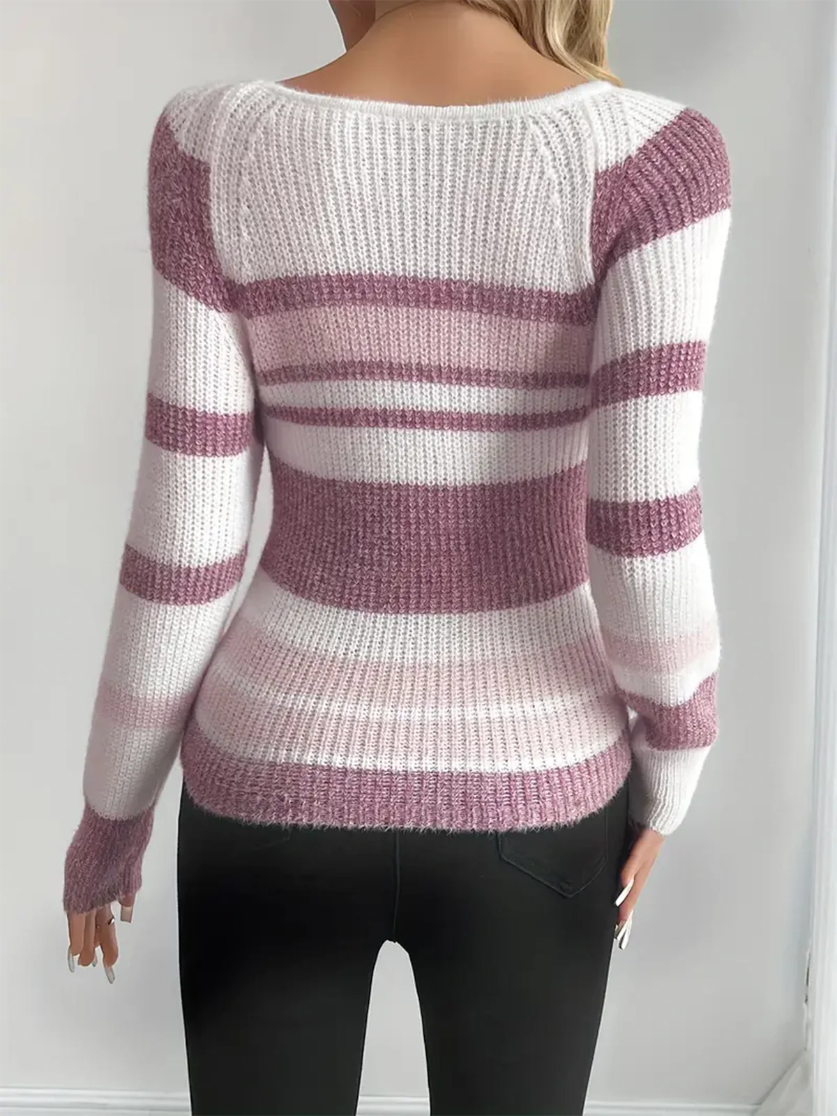 Striped Ribbed Knit Slim Fit Sweater - Image 4