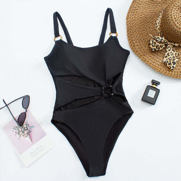 Swimsuit with Straight Neck and Open Front and Decorative Rings - Image 3