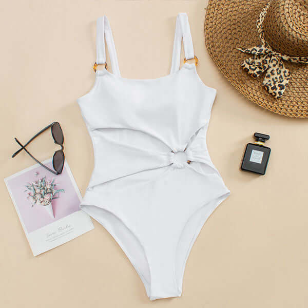 Swimsuit with Straight Neck and Open Front and Decorative Rings - Image 4