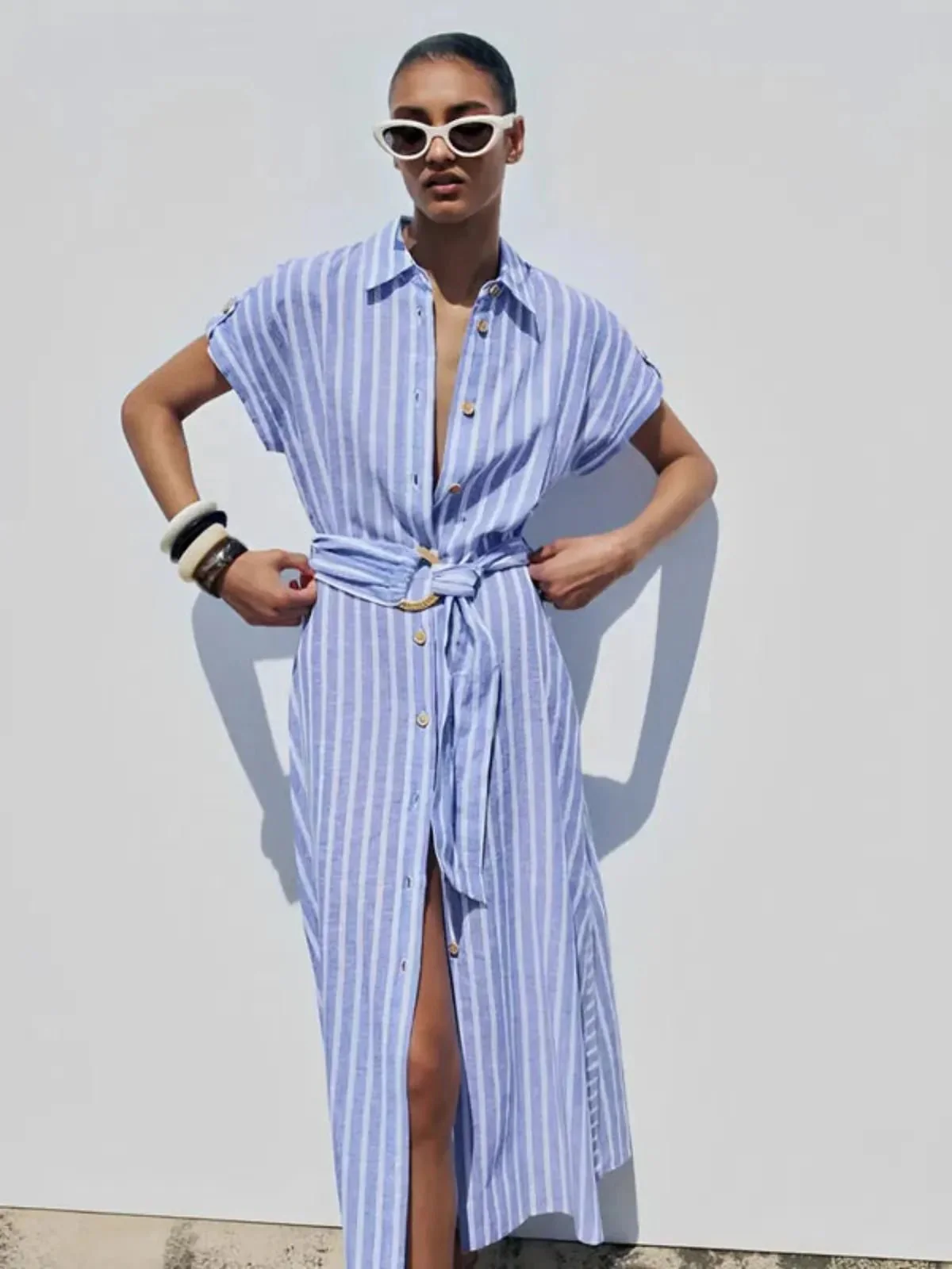 Striped Linen-Blend Work Maxi Dress with Belt - Image 2