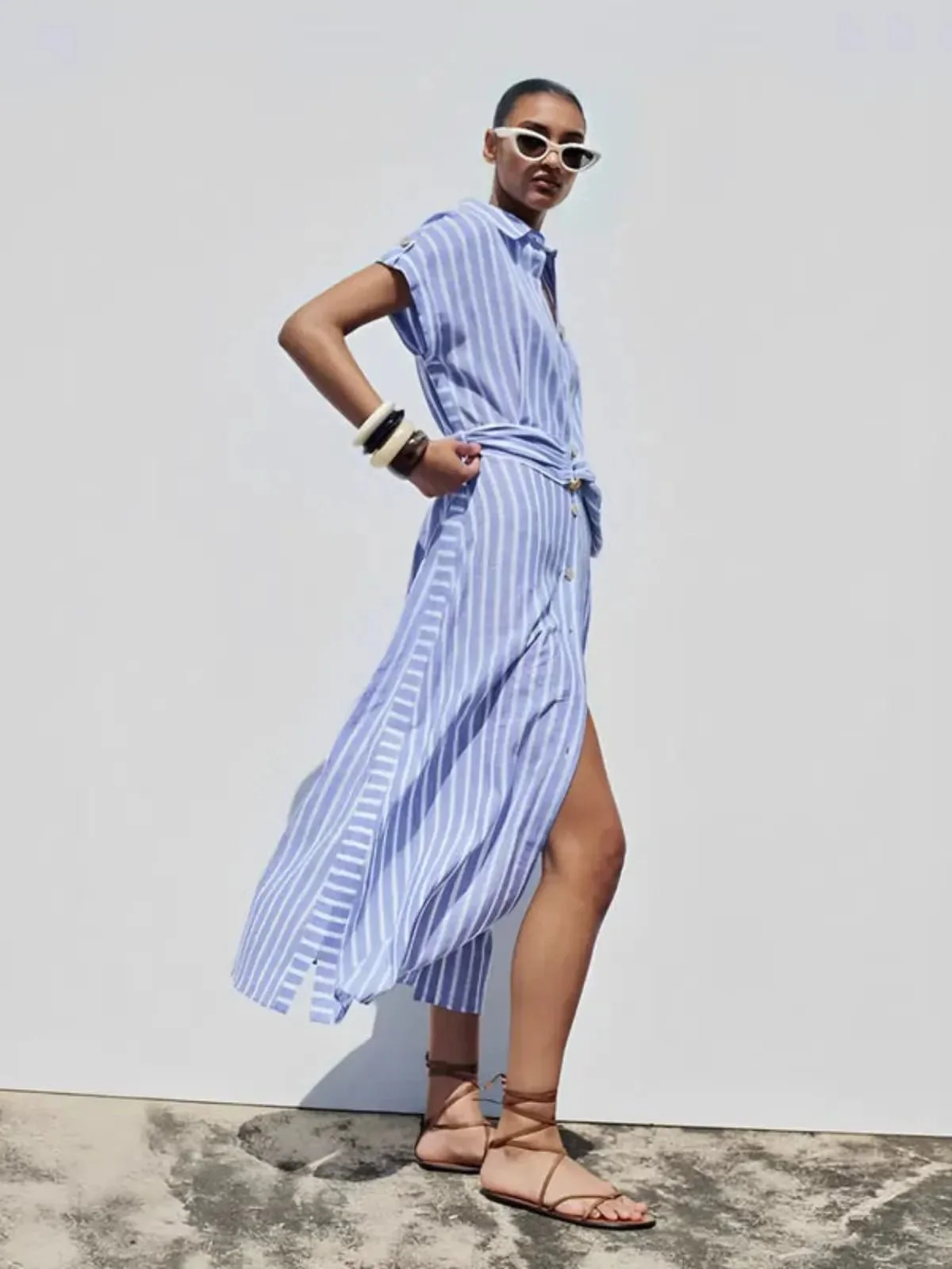 Striped Linen-Blend Work Maxi Dress with Belt - Image 3