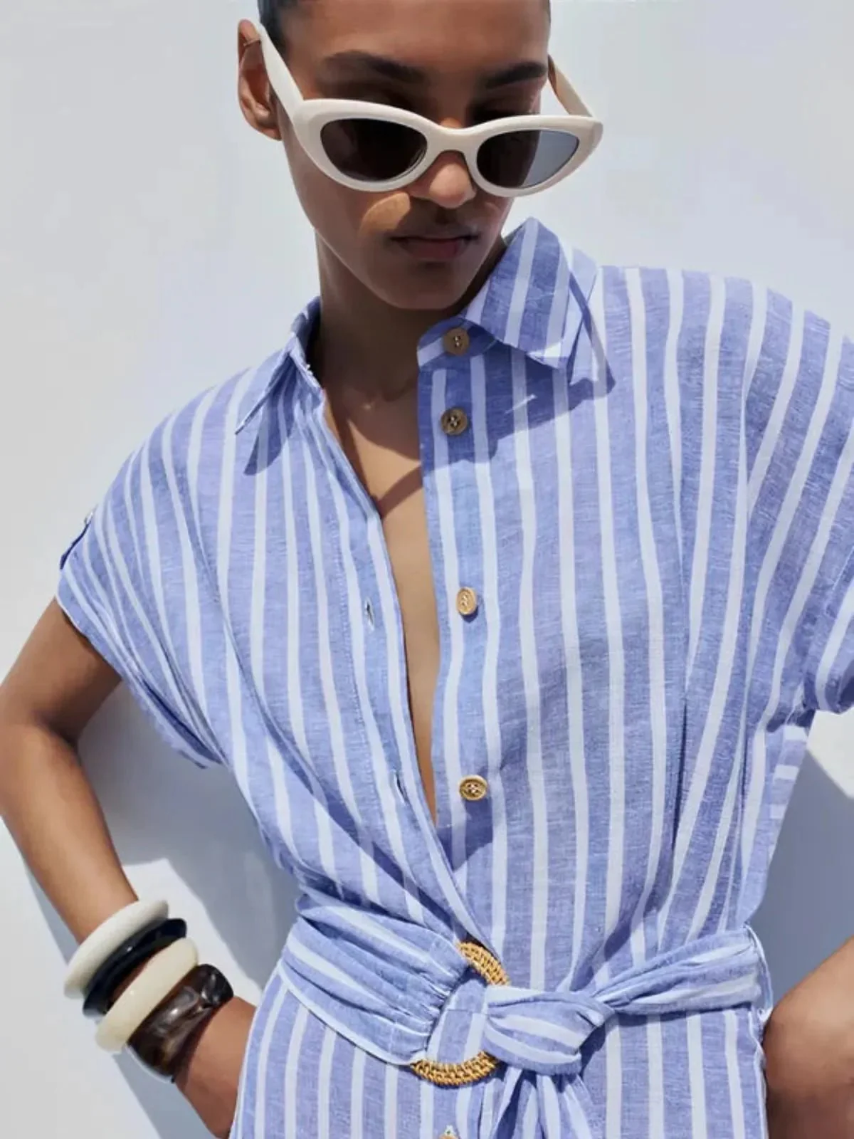 Striped Linen-Blend Work Maxi Dress with Belt - Image 4