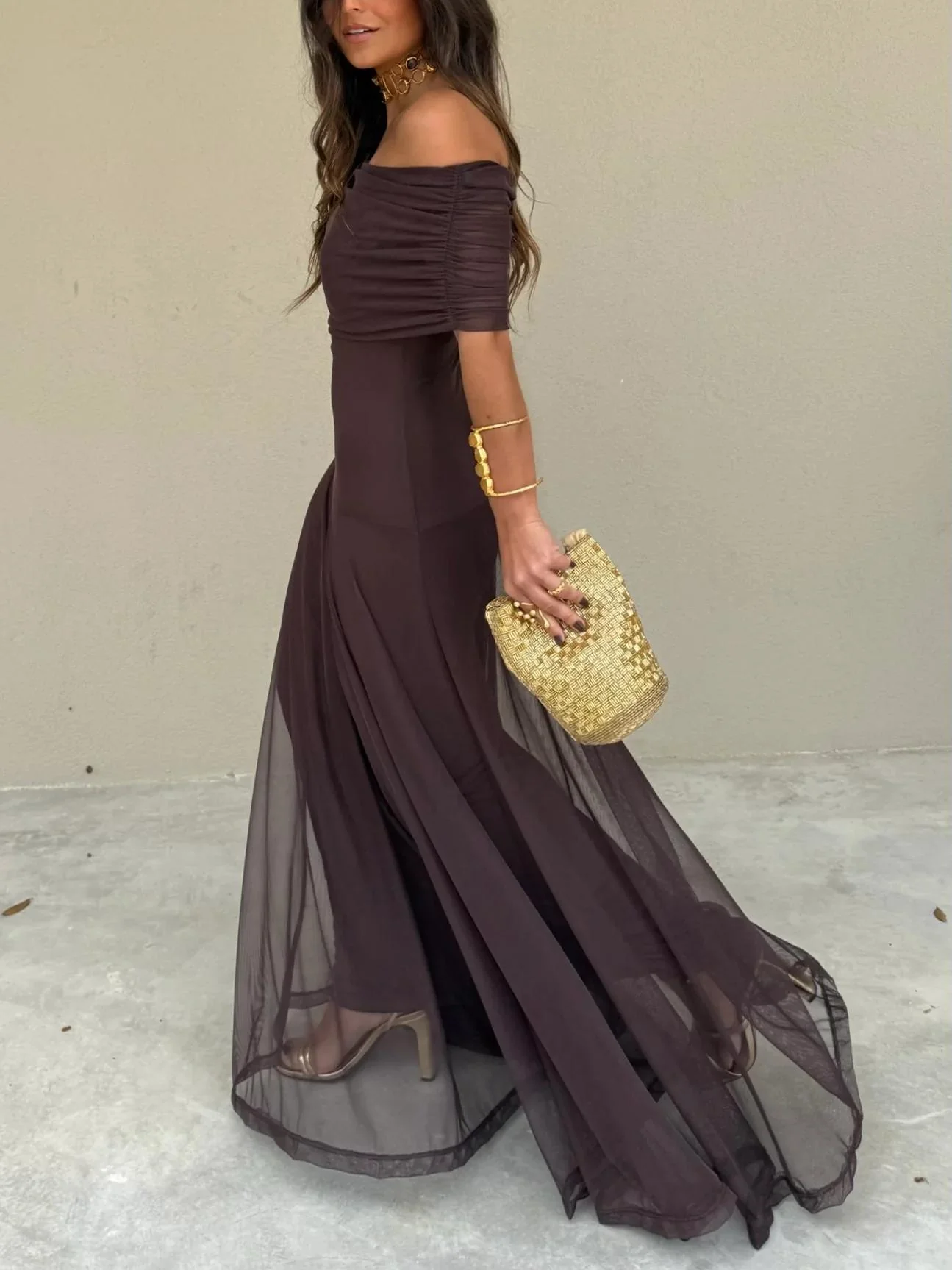 Off Shoulder Chiffon Maxi Dress - Image 3