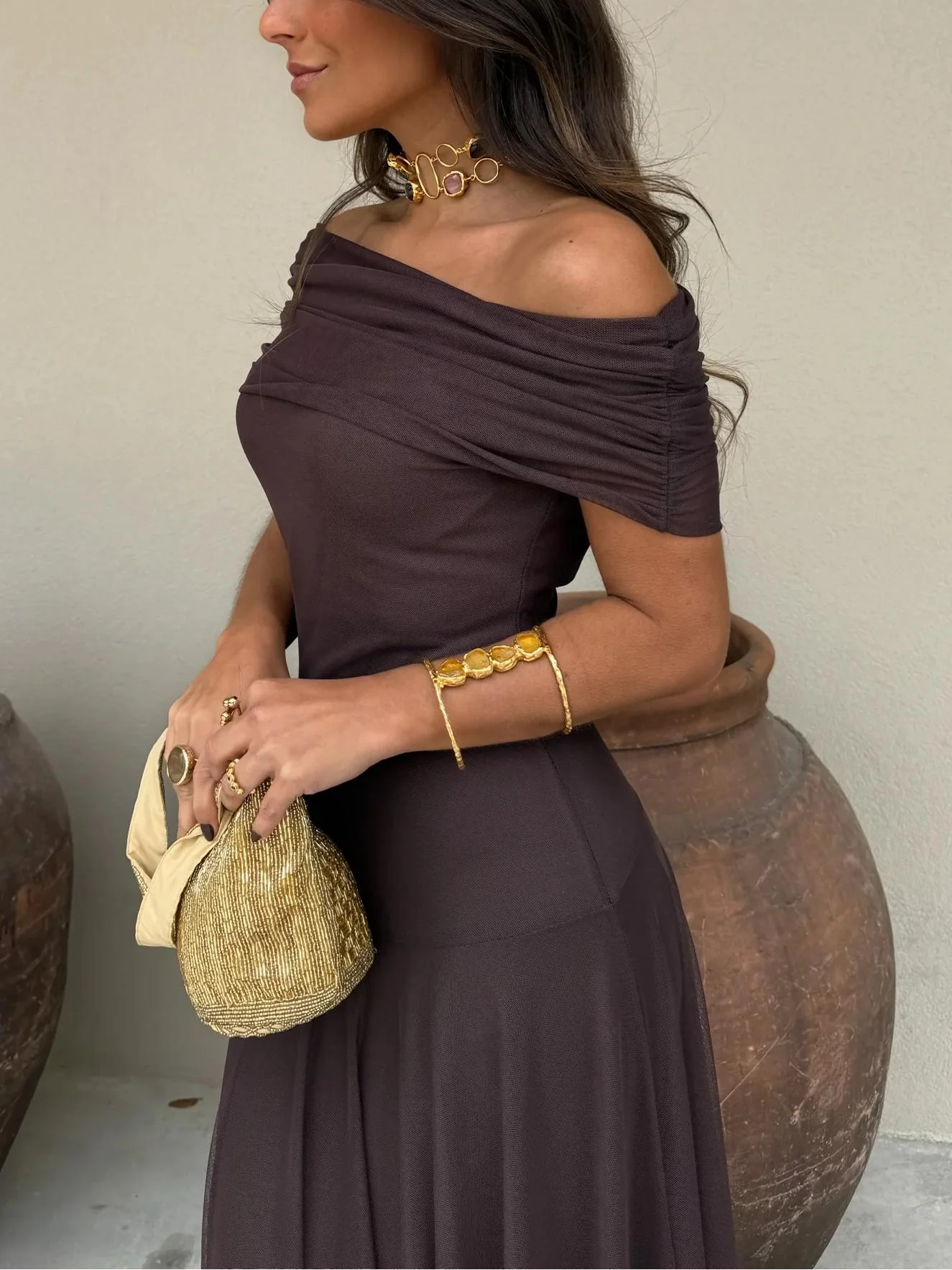 Off Shoulder Chiffon Maxi Dress - Image 7