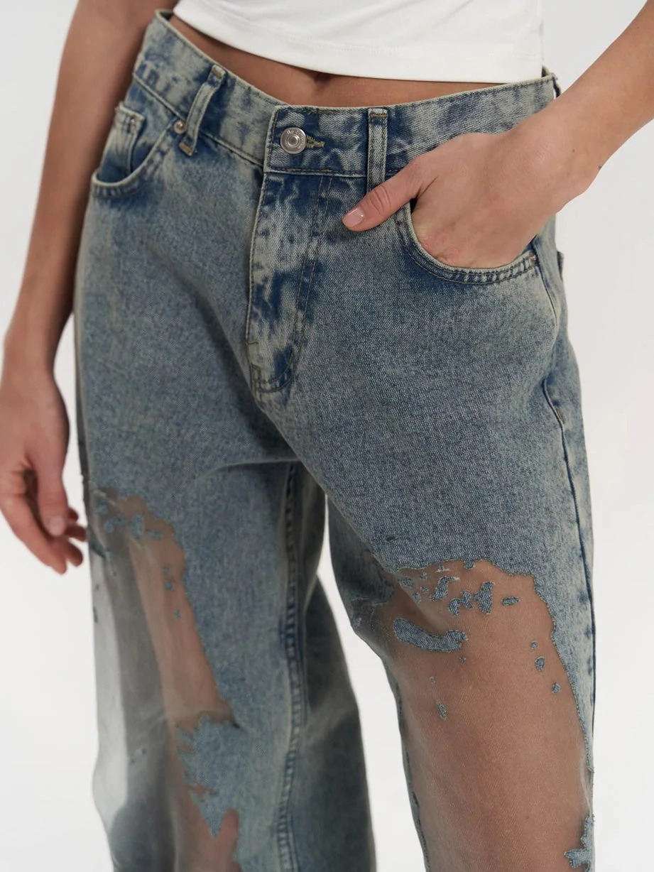 High Waist Mesh Panel Wide Leg Jeans - Image 4