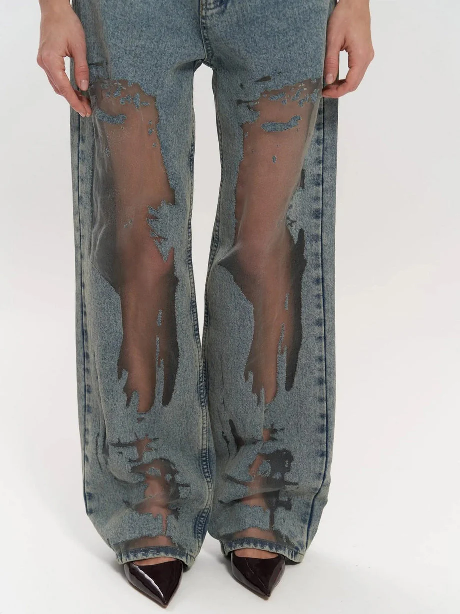 High Waist Mesh Panel Wide Leg Jeans - Image 5