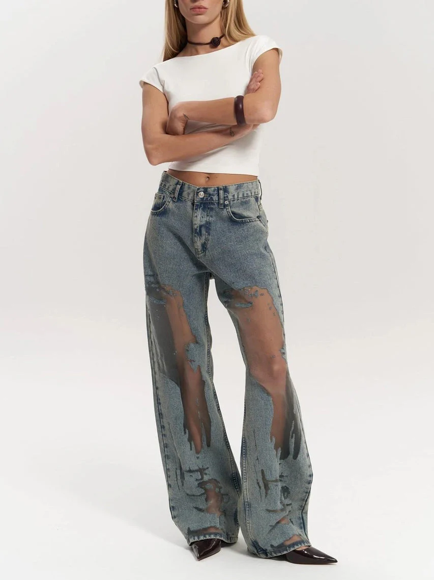 High Waist Mesh Panel Wide Leg Jeans - Image 6