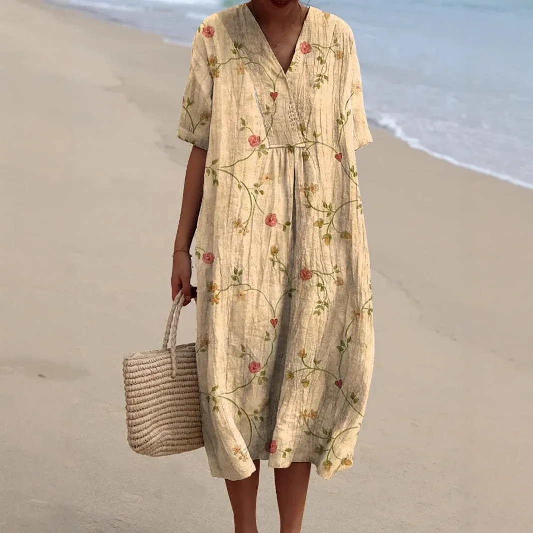 V-Neck Floral Beach Summer Midi Dress - Image 2