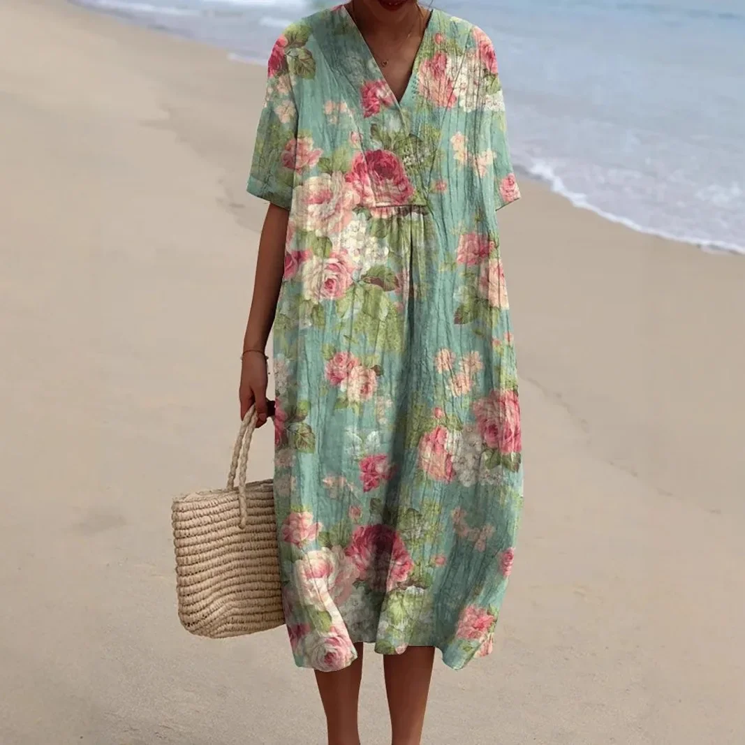 V-Neck Floral Beach Summer Midi Dress - Image 3