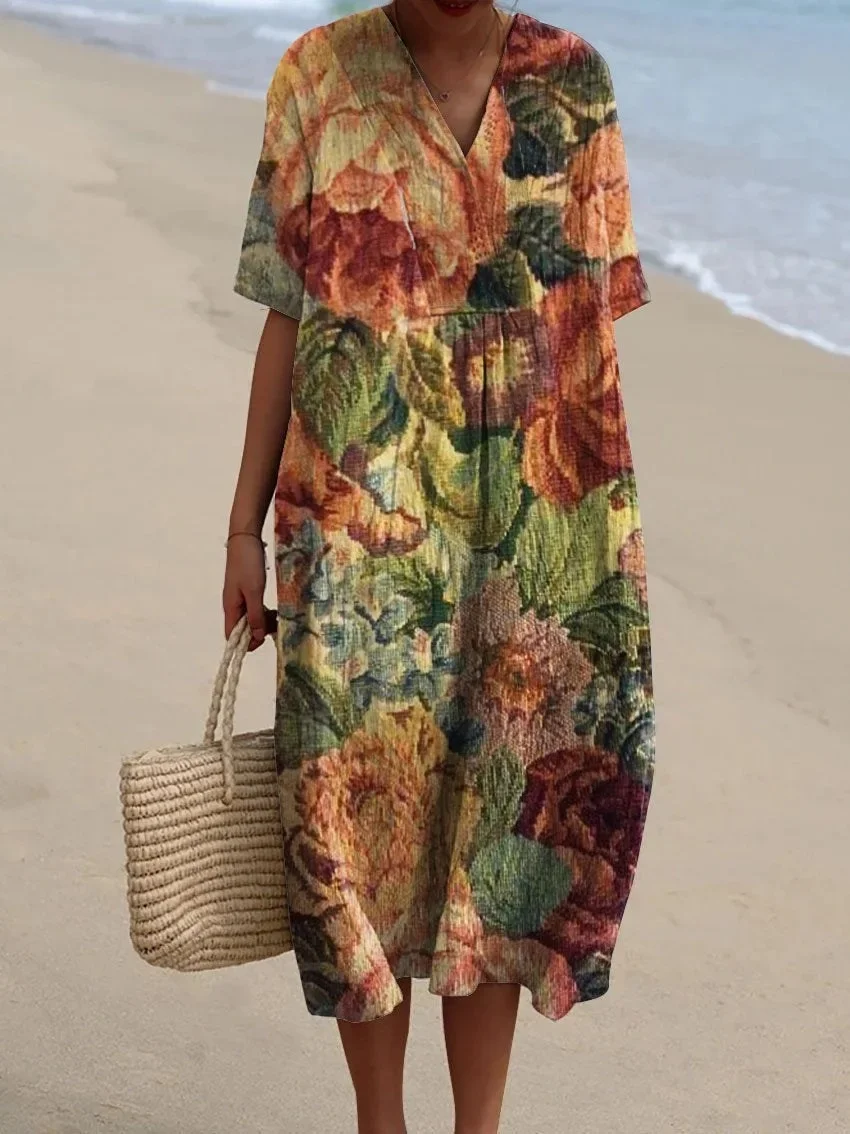 V-Neck Floral Beach Summer Midi Dress - Image 4
