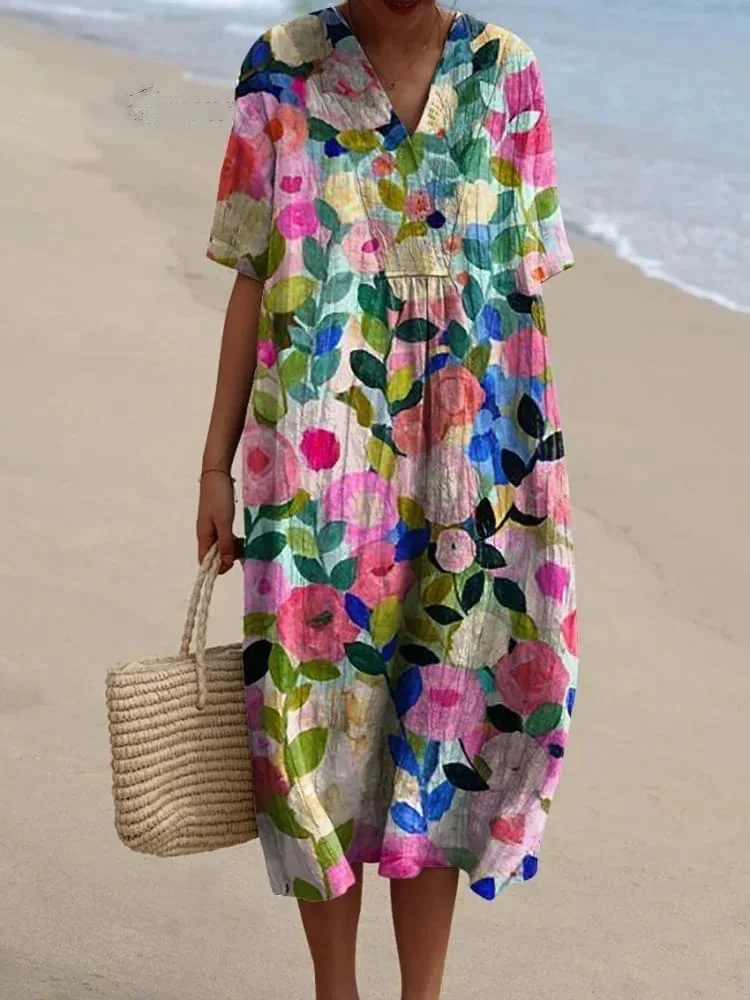 V-Neck Floral Beach Summer Midi Dress - Image 5