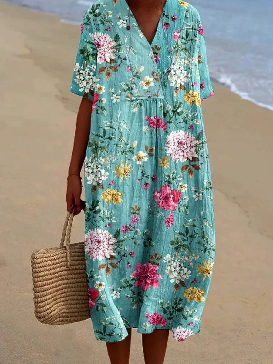 V-Neck Floral Beach Summer Midi Dress - Image 7