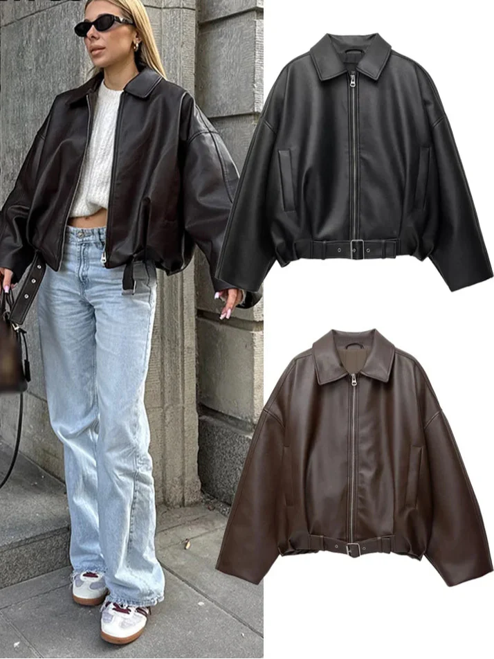 Vintage Faux Leather Bomber Jacket - Image 2