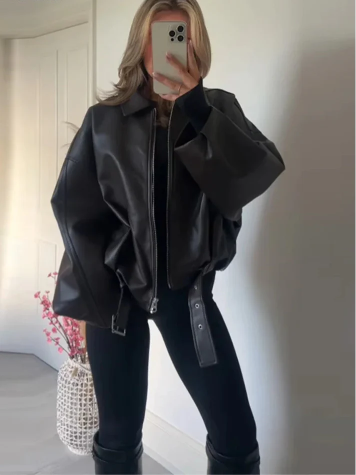 Vintage Faux Leather Bomber Jacket - Image 3