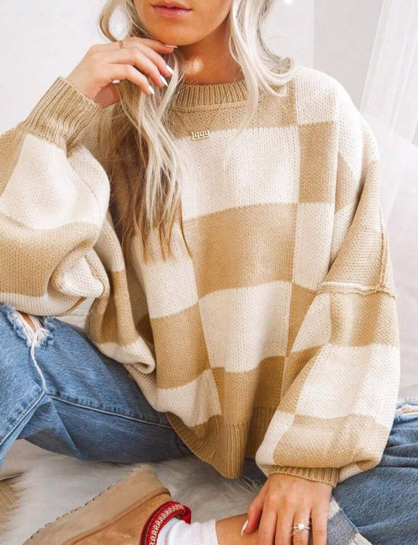 Women's Checkerboard Knitted Sweater - Image 11