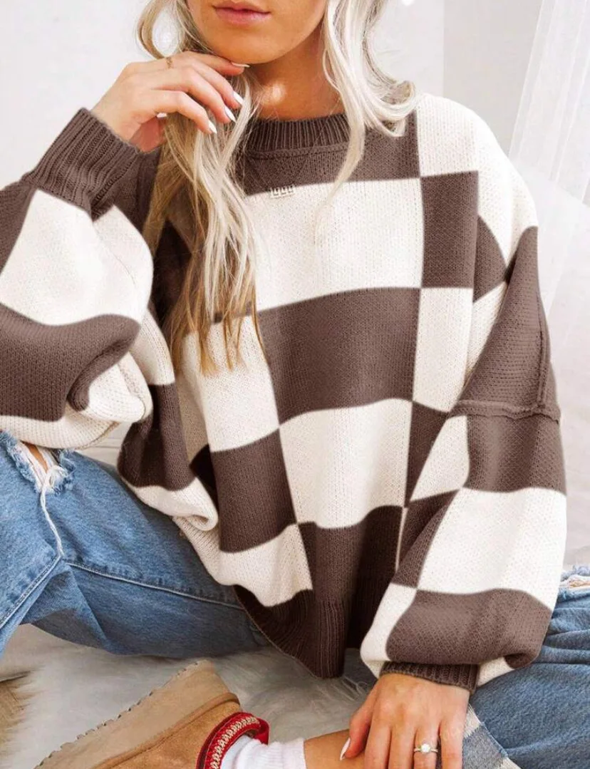 Women's Checkerboard Knitted Sweater - Image 12