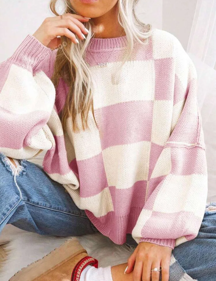 Women's Checkerboard Knitted Sweater - Image 13