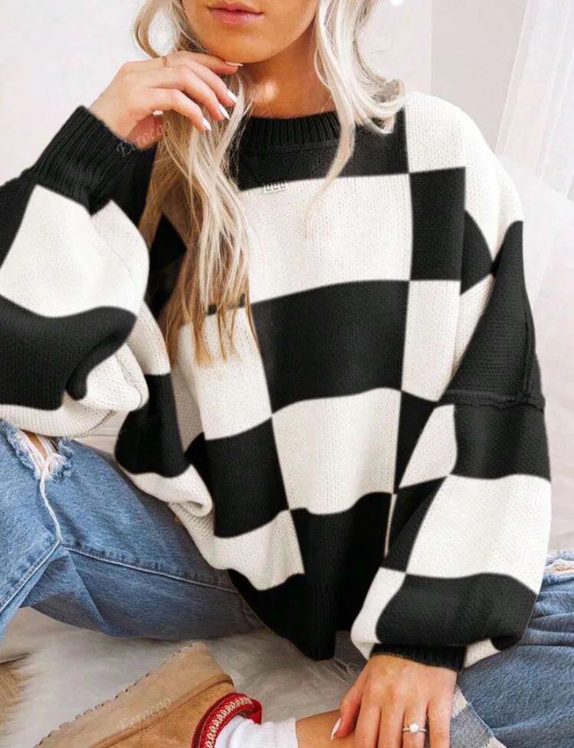 Women's Checkerboard Knitted Sweater - Image 14