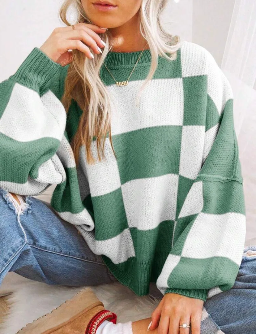 Women's Checkerboard Knitted Sweater - Image 16
