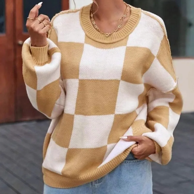 Women's Checkerboard Knitted Sweater - Image 2