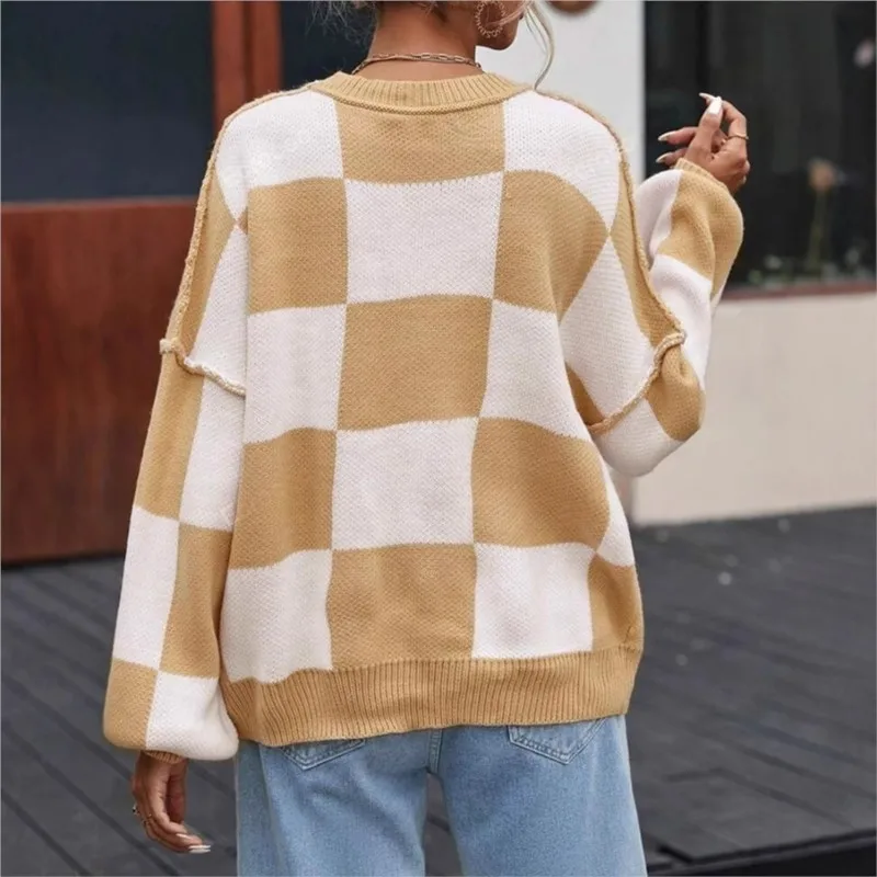 Women's Checkerboard Knitted Sweater - Image 3