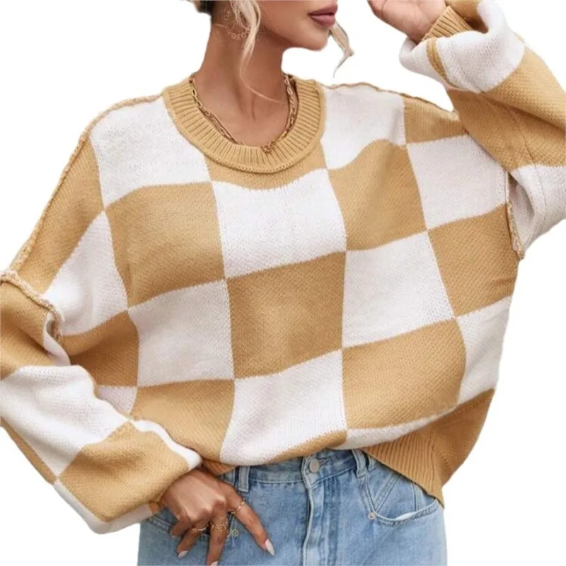 Women's Checkerboard Knitted Sweater - Image 4