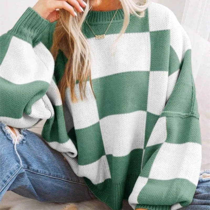 Women's Checkerboard Knitted Sweater - Image 6