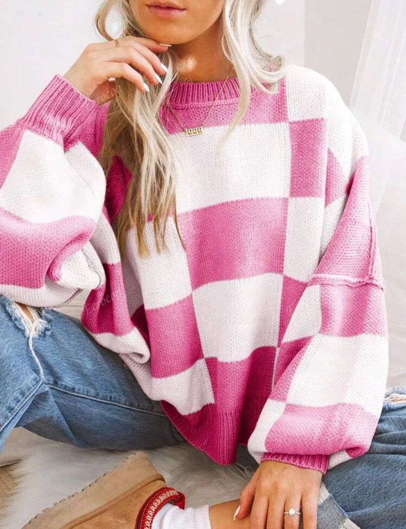 Women's Checkerboard Knitted Sweater - Image 9