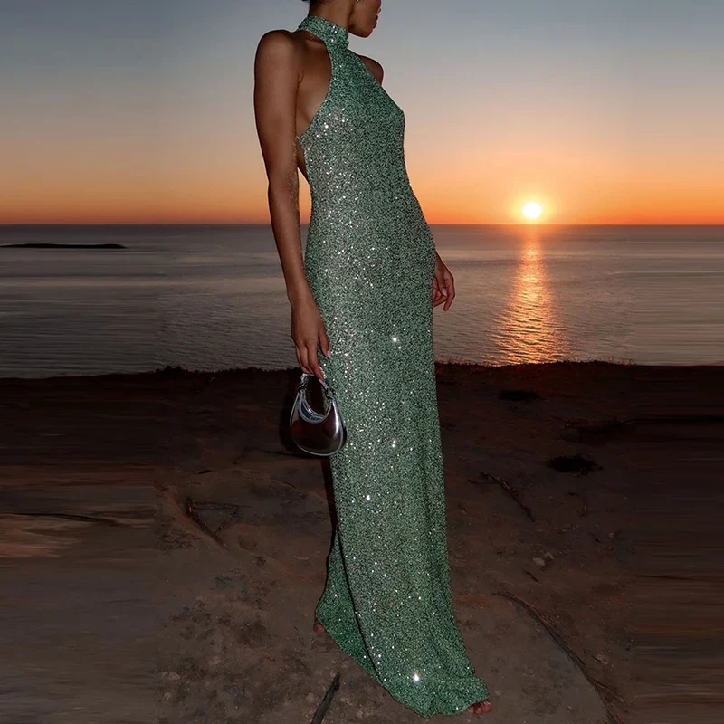 Sequin Halter Neck Maxi Dress with Elegant Fitted Silhouette - Image 3
