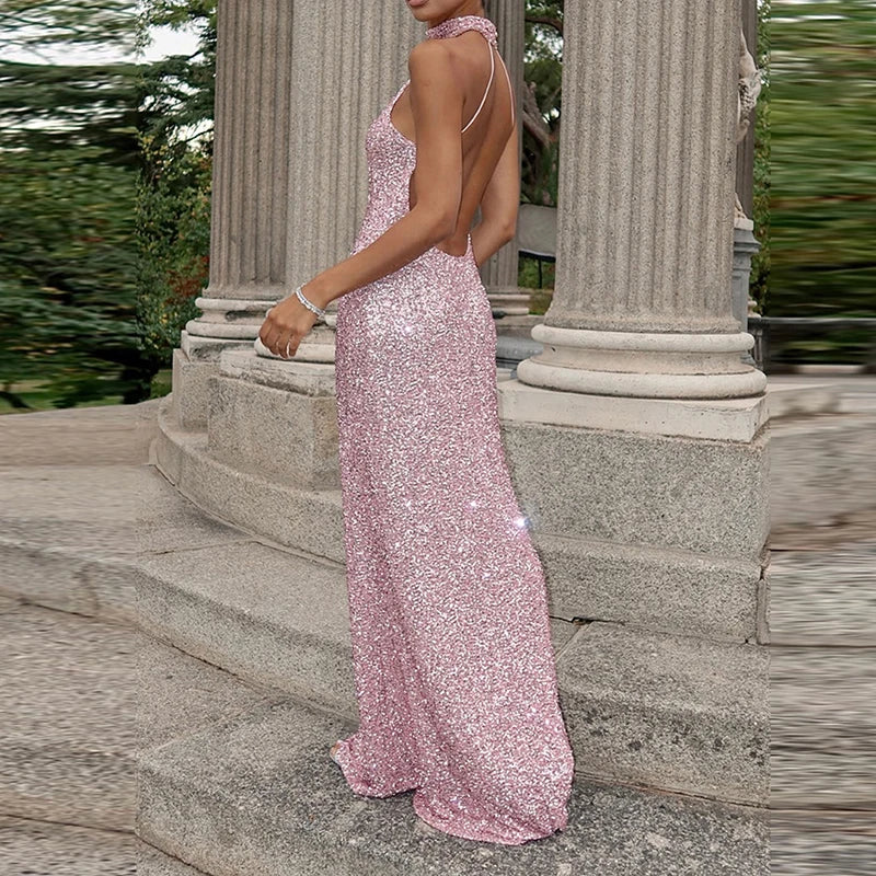 Sequin Halter Neck Maxi Dress with Elegant Fitted Silhouette - Image 6
