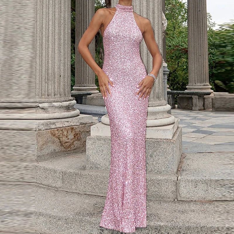 Sequin Halter Neck Maxi Dress with Elegant Fitted Silhouette - Image 9