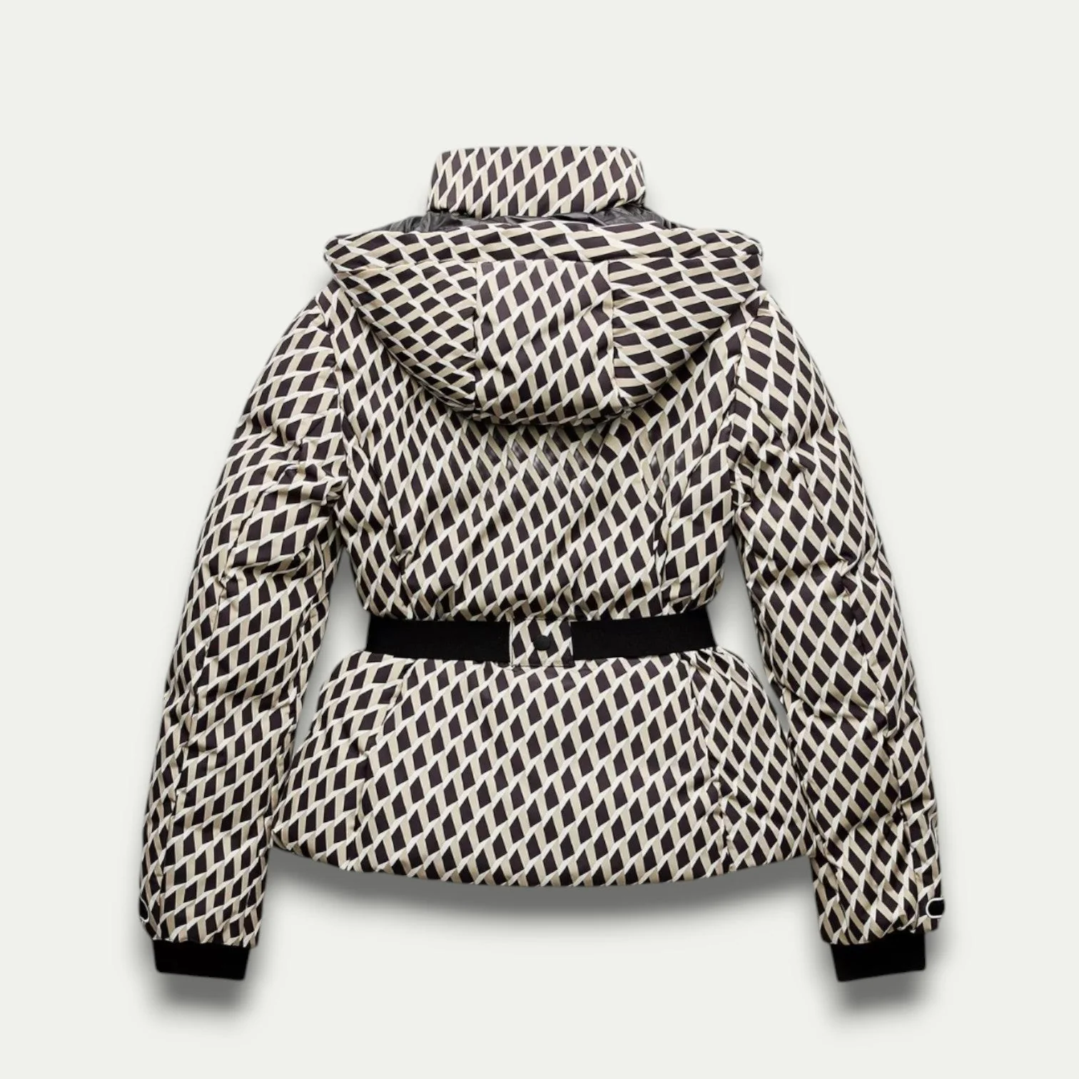 Women’s Belted Beige Patterned Puffer Jacket - Image 2