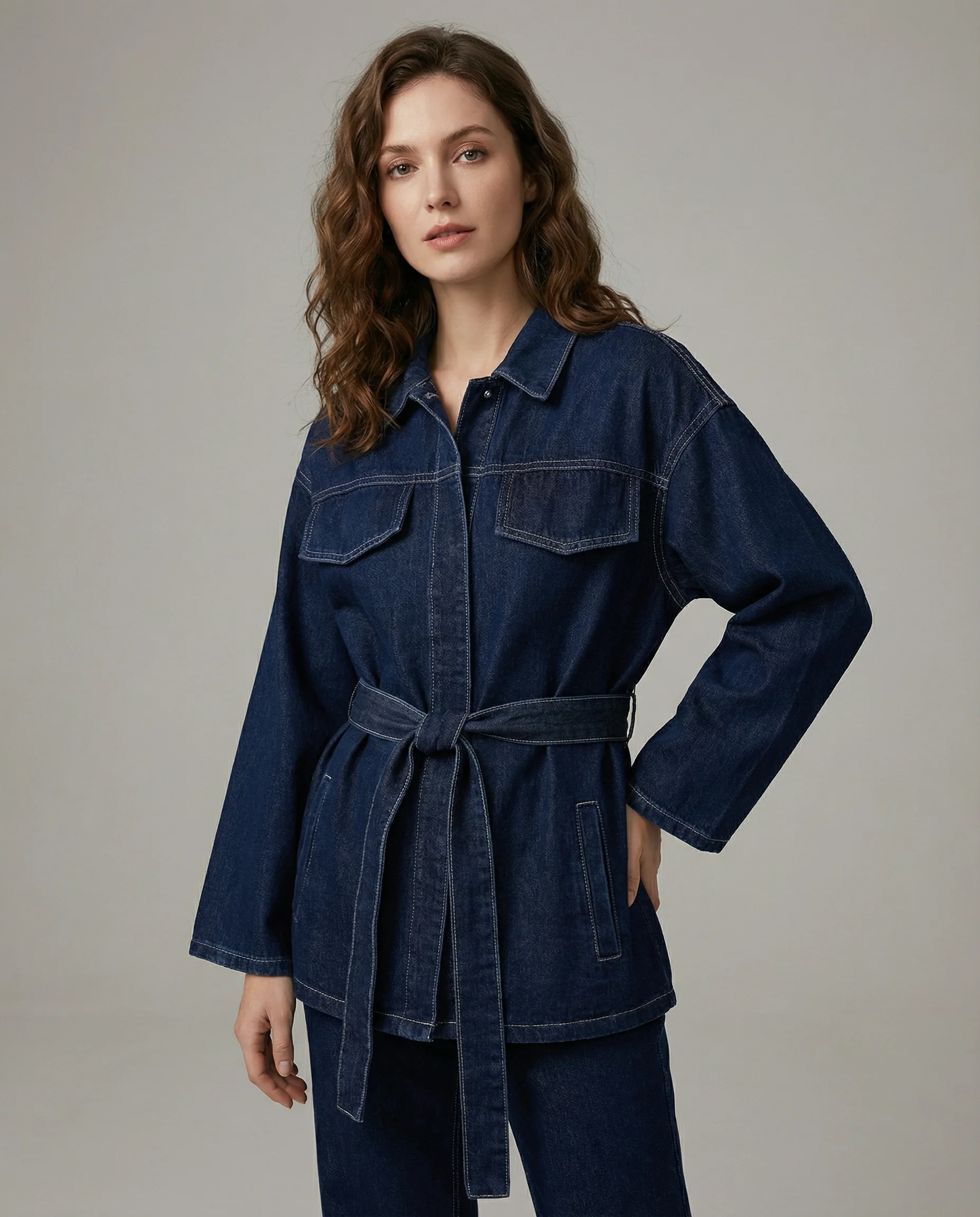 Women’s Belted Denim Utility Jacket with Structured Collar and Relaxed Fit - Image 3