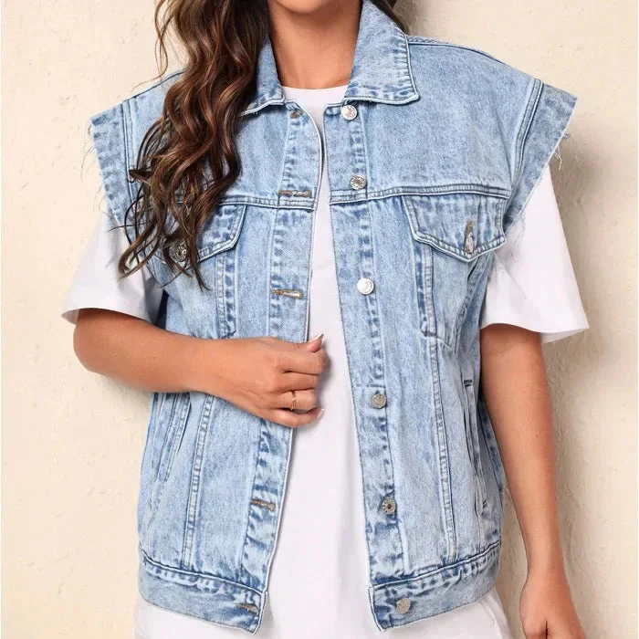 Women’s Casual Oversized Denim Vest with Button-Up Front and Classic Chest Pockets - Image 2