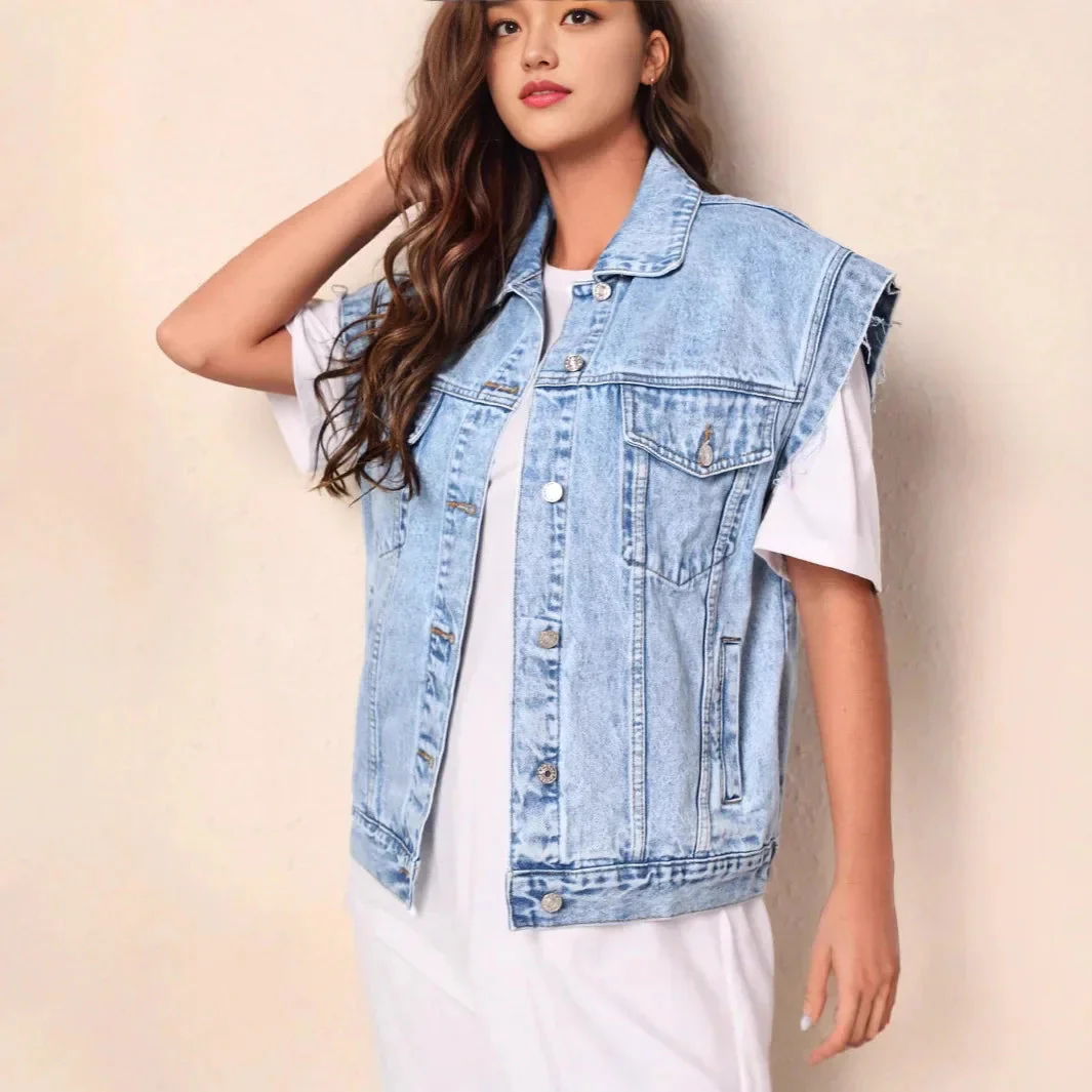 Women’s Casual Oversized Denim Vest with Button-Up Front and Classic Chest Pockets - Image 3