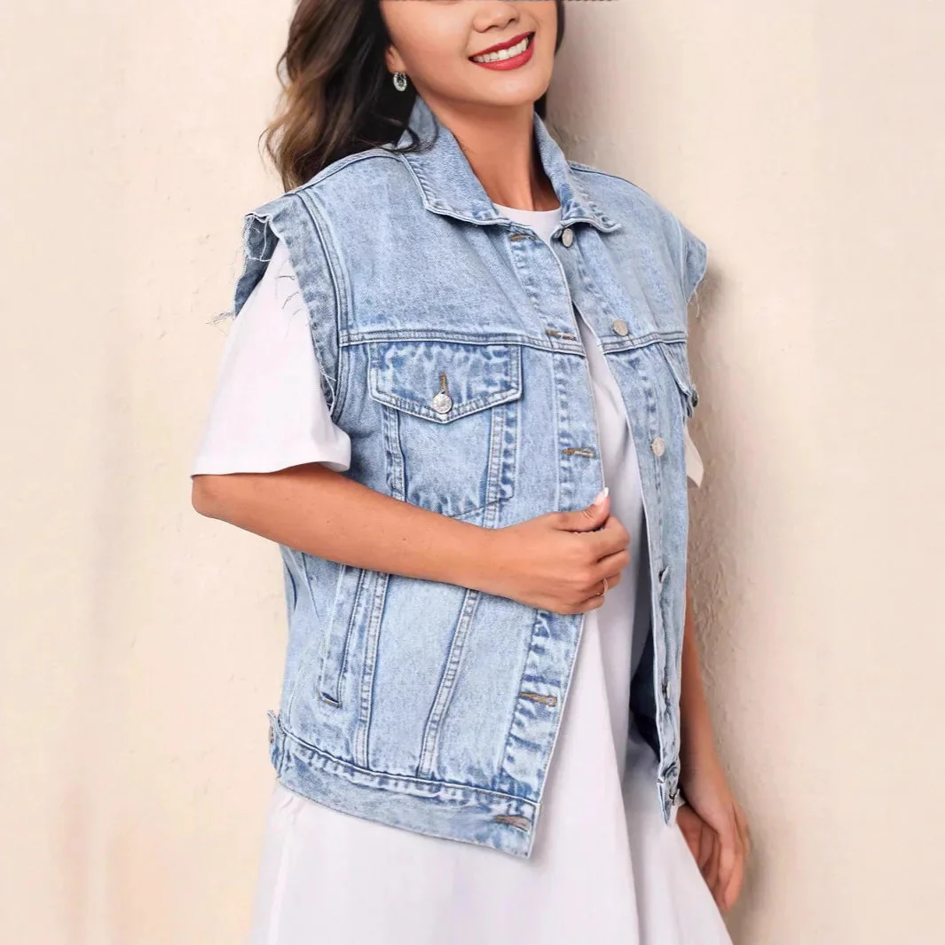 Women’s Casual Oversized Denim Vest with Button-Up Front and Classic Chest Pockets - Image 4