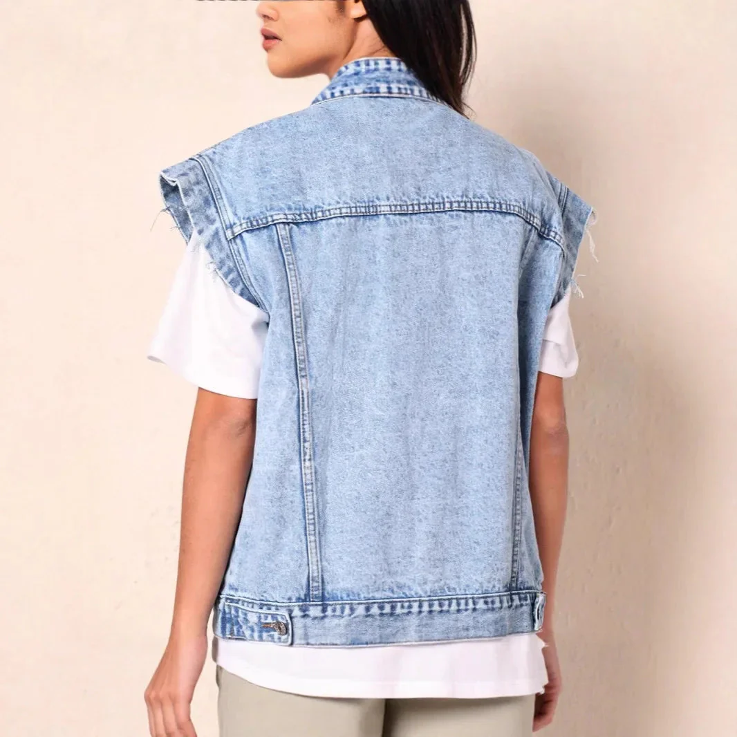 Women’s Casual Oversized Denim Vest with Button-Up Front and Classic Chest Pockets - Image 6