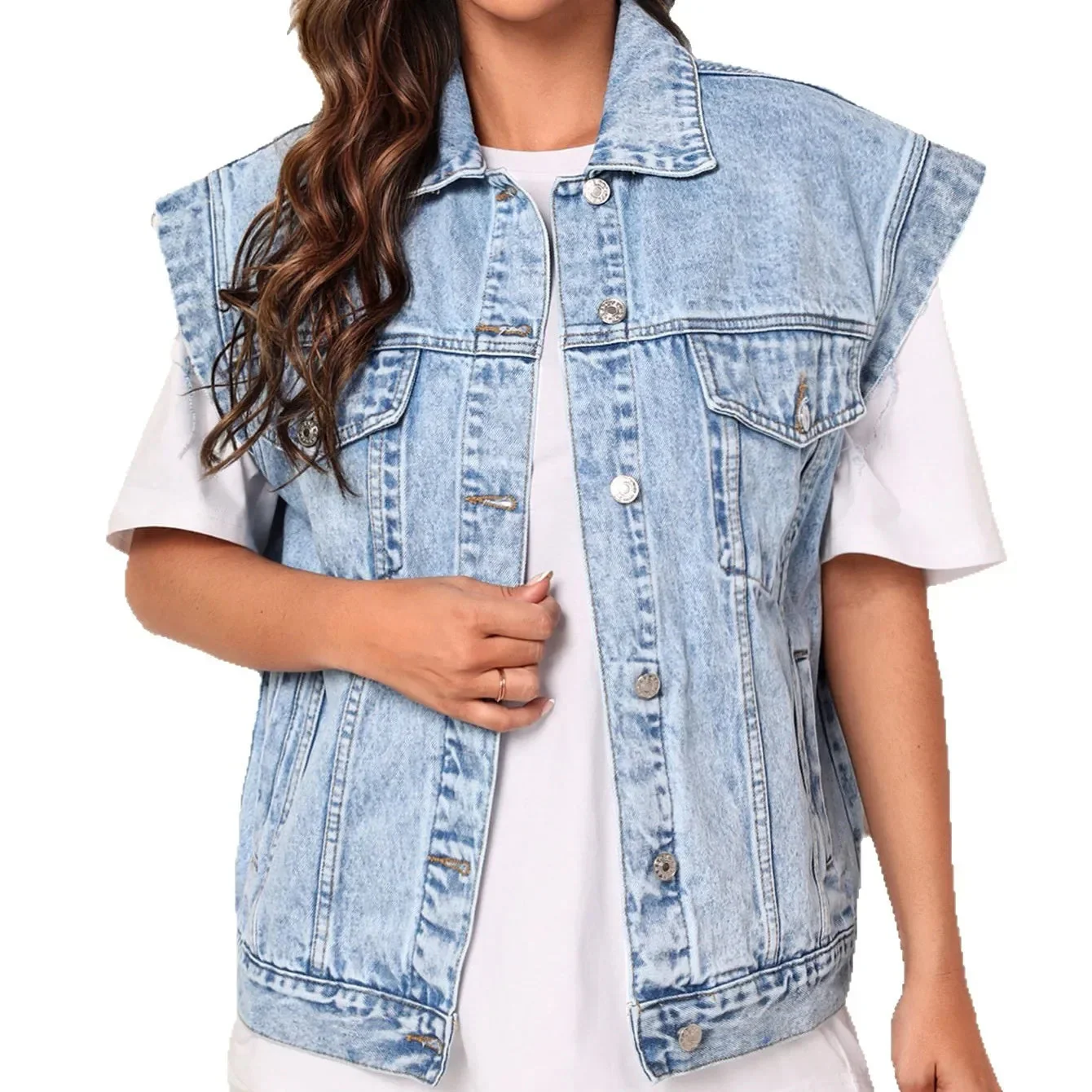 Women’s Casual Oversized Denim Vest with Button-Up Front and Classic Chest Pockets - Image 7