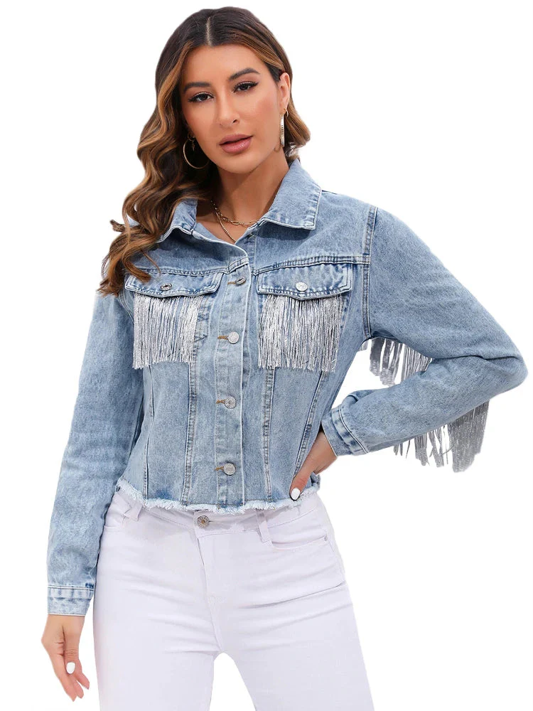 Women’s Cropped Denim Jacket with Fringe Detailing and Structured Fit - Image 2