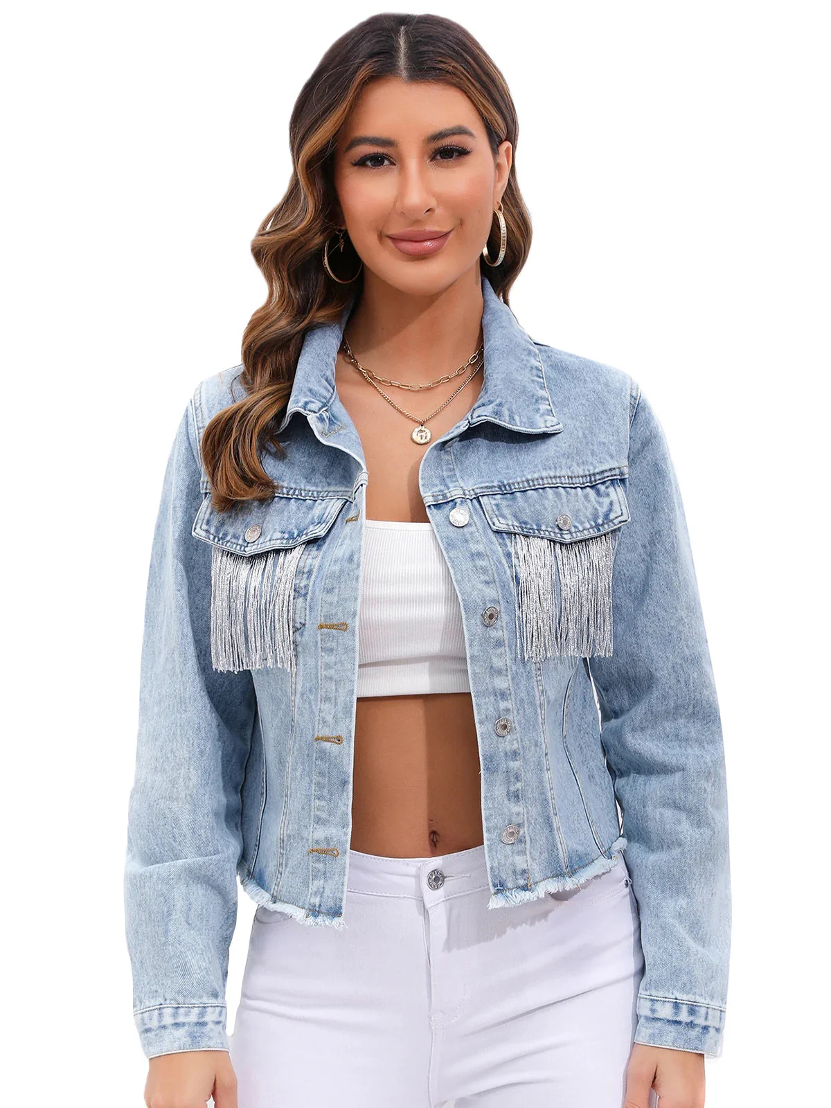 Women’s Cropped Denim Jacket with Fringe Detailing and Structured Fit - Image 4